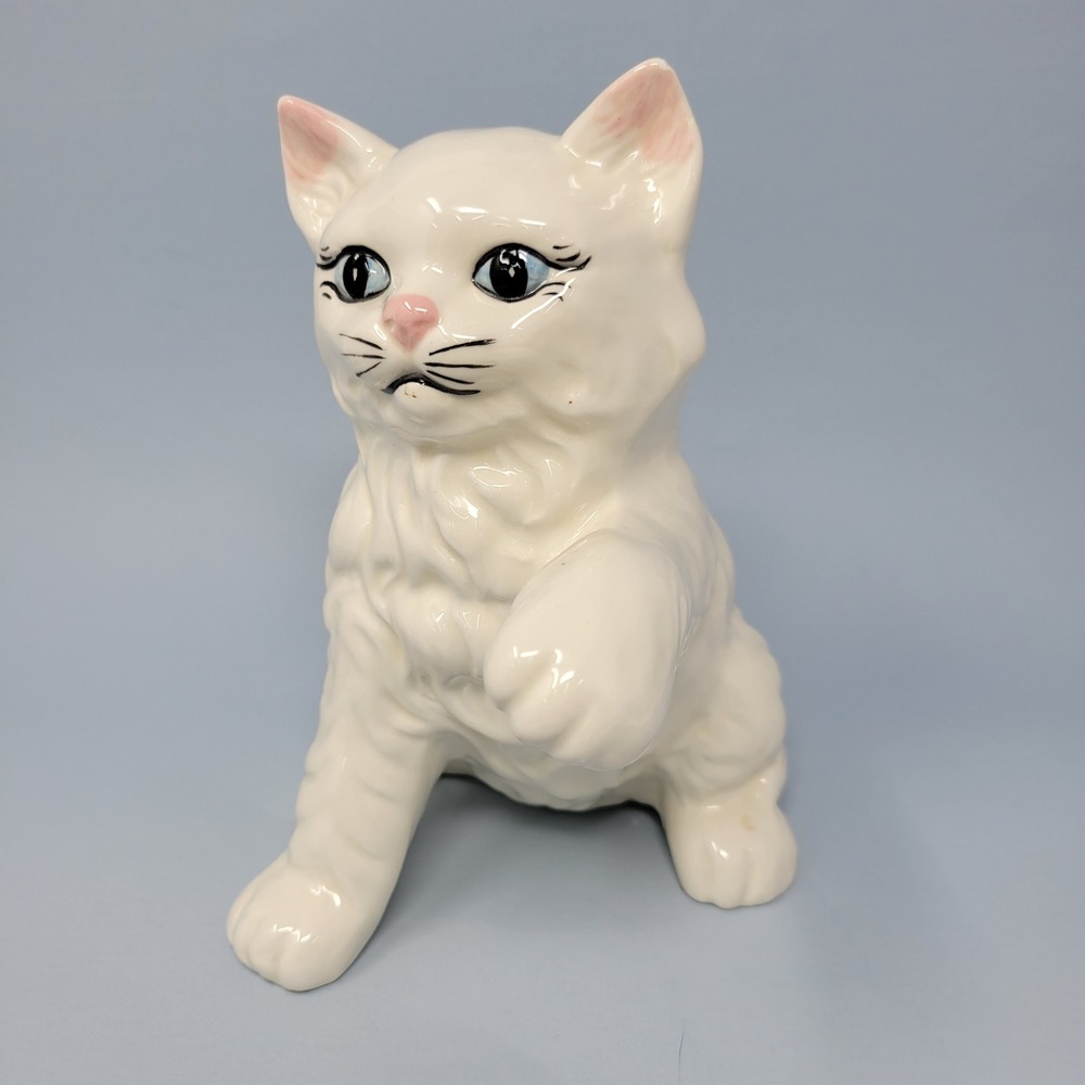 Vintage White Ceramic Persian Cat Figurine Fluffy Longhair Raised Paw 7.5 Inch
